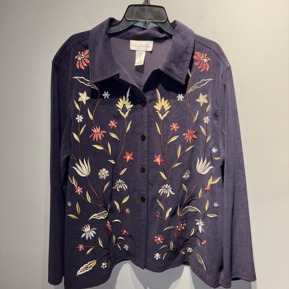 SUSAN GRAVER STYLE Shacket Jacket Shirt‎ Navy Embroidered Floral Velour Artsy XL - Picture 1 of 6